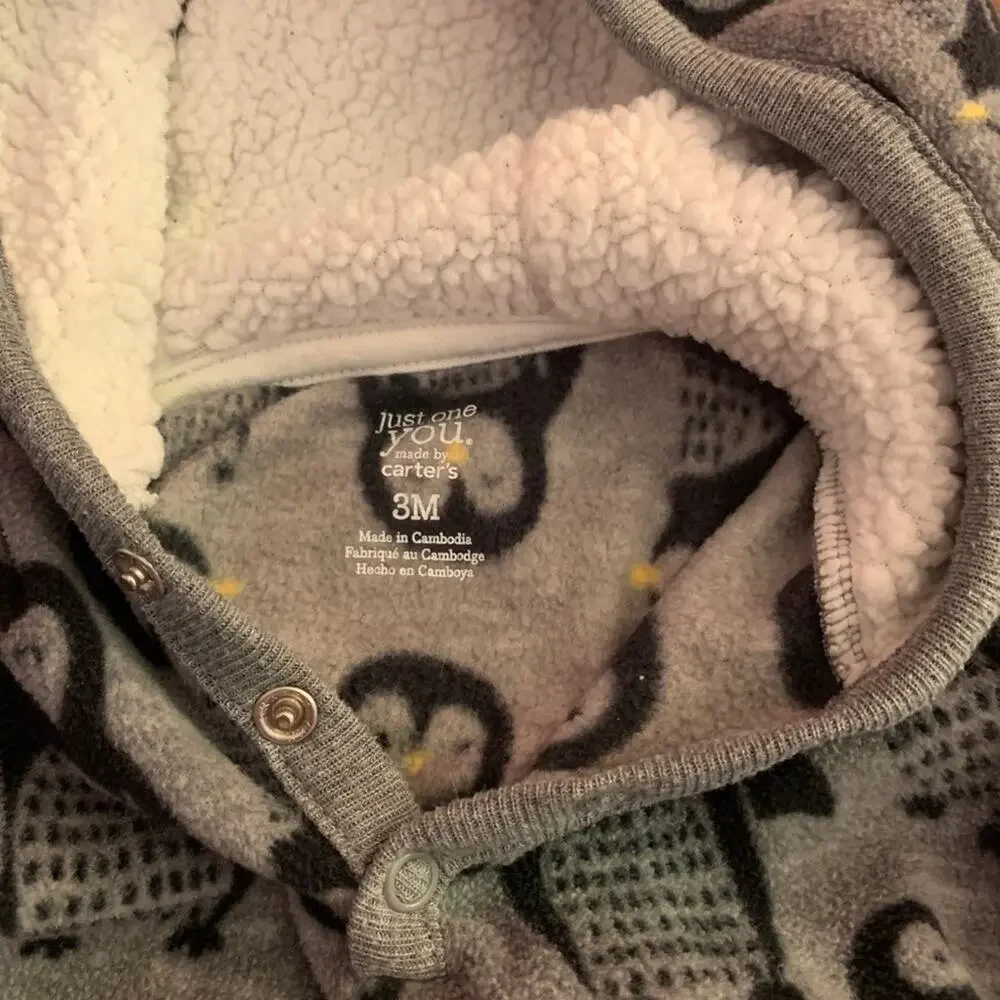 JUST ONE YOU Infant Fleece Penguin One Piece with Sherpa Hood / Size: 3 Months
